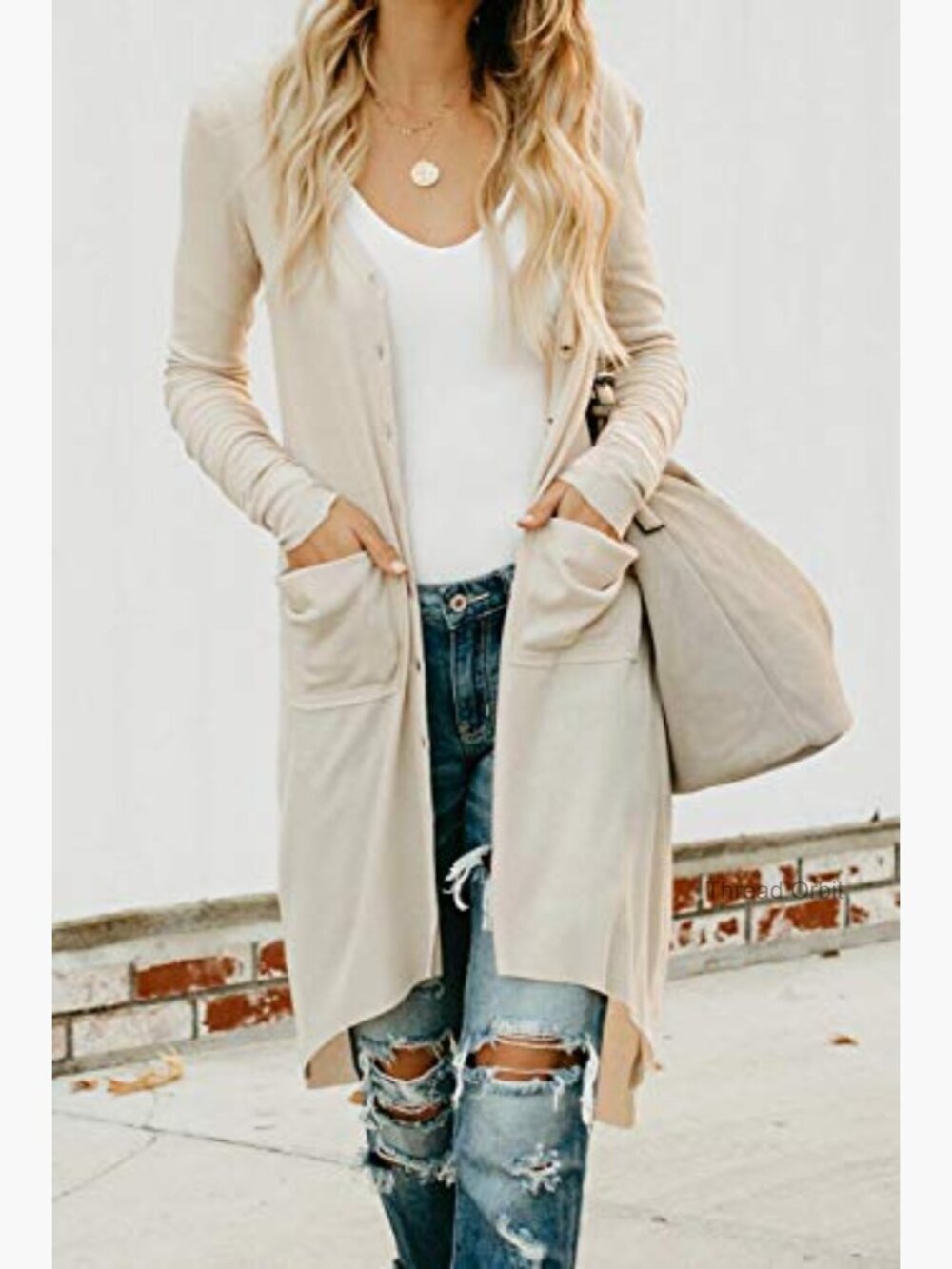 Open Front Cardigan with Pockets High Low Hem V-Neck - Picture 2 of 7